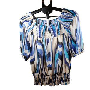Alfani Blue Ivory Abstract Print Loose Fit Pullover Blouse NWT